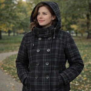 Sebby Women’s Plaid Peacoat Jacket Hooded Double Breasted Blue Black L